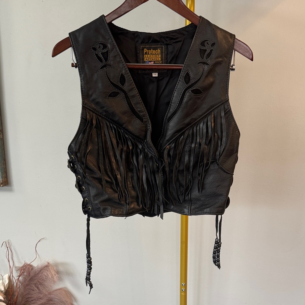 Protech Black Leather Vest with Fringe and adjustable sides EUC 12